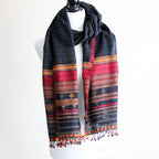 100 Cotton Wrap with Tassels Handwoven Bhujodi Stole Extra Weft Black Red Yellow 22x78