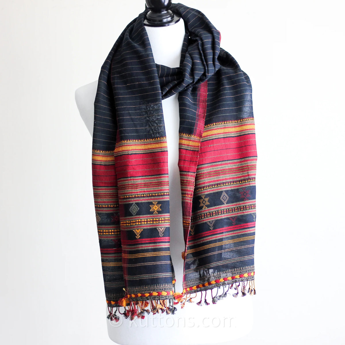 100 Cotton Wrap with Tassels Handwoven Bhujodi Stole Extra Weft Black Red Yellow 22x78
