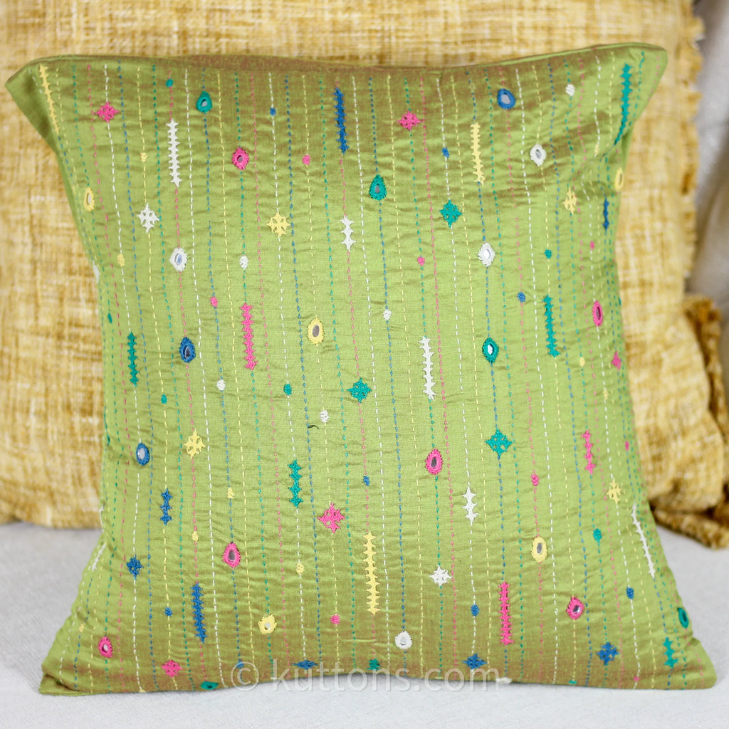 Bavaliyo Hand Embroidered Cotton Silk Decorative Cushion Cover With Mirror Embroidery Green Pillow 16x16