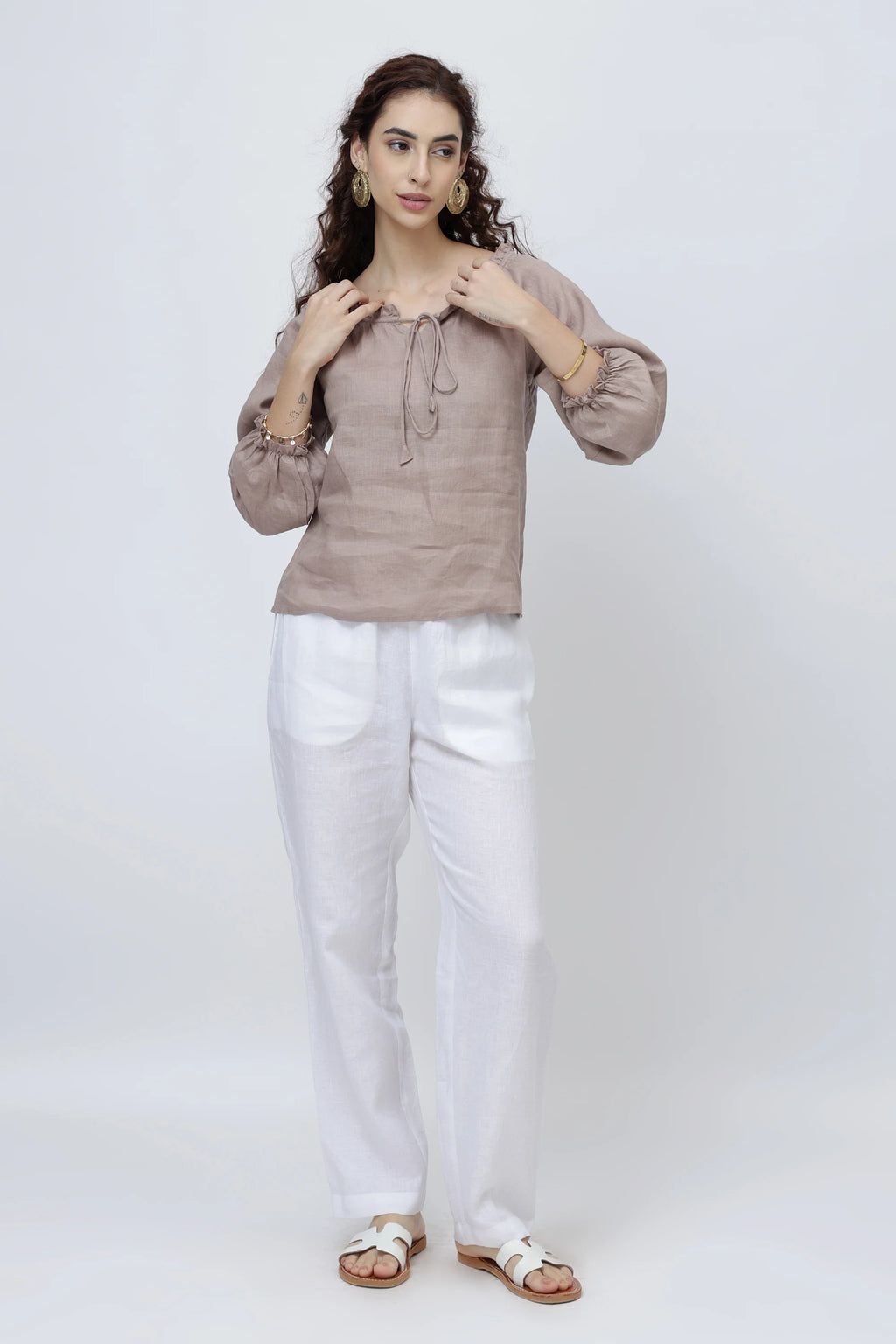 Signature Linen Tie Neck Top Soft Ruffle Collar Sleeves