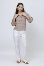 Signature Linen Tie Neck Top Soft Ruffle Collar Sleeves