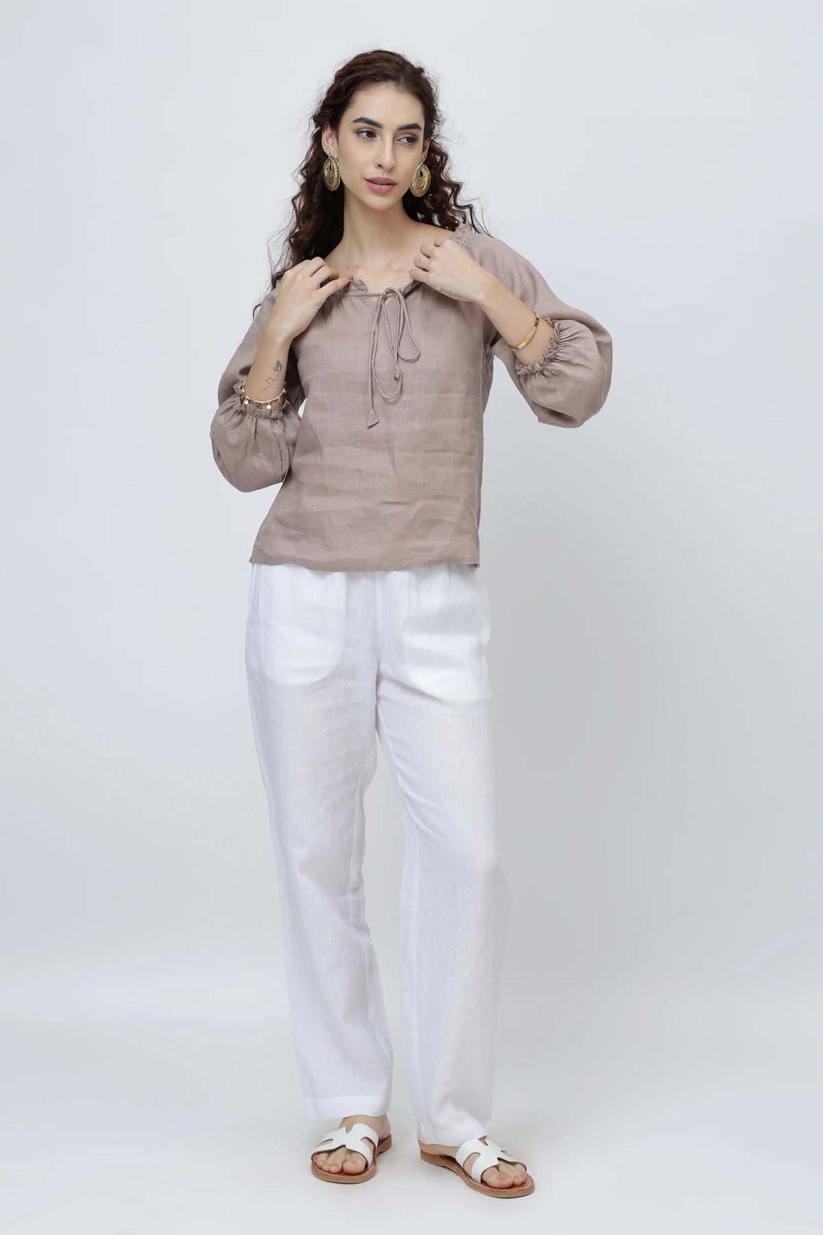 Signature Linen Tie Neck Top Soft Ruffle Collar Sleeves
