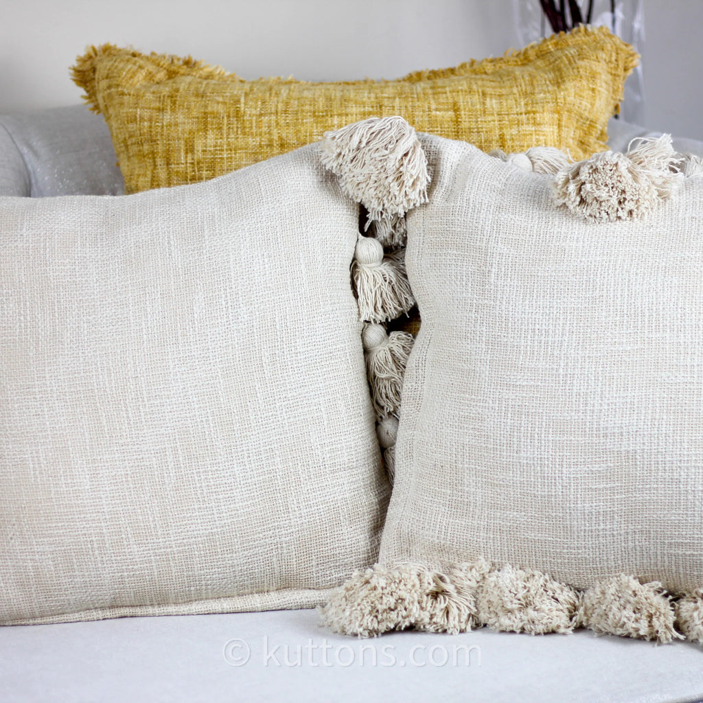 Handmade Textured Solid Cotton Pillow Cover With Large Side Tassels Cream 18x18 Square Single