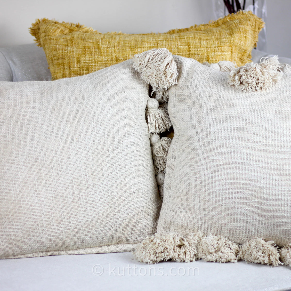 Handmade Textured Solid Cotton Pillow Cover With Large Side Tassels Cream 18x18 Square Single