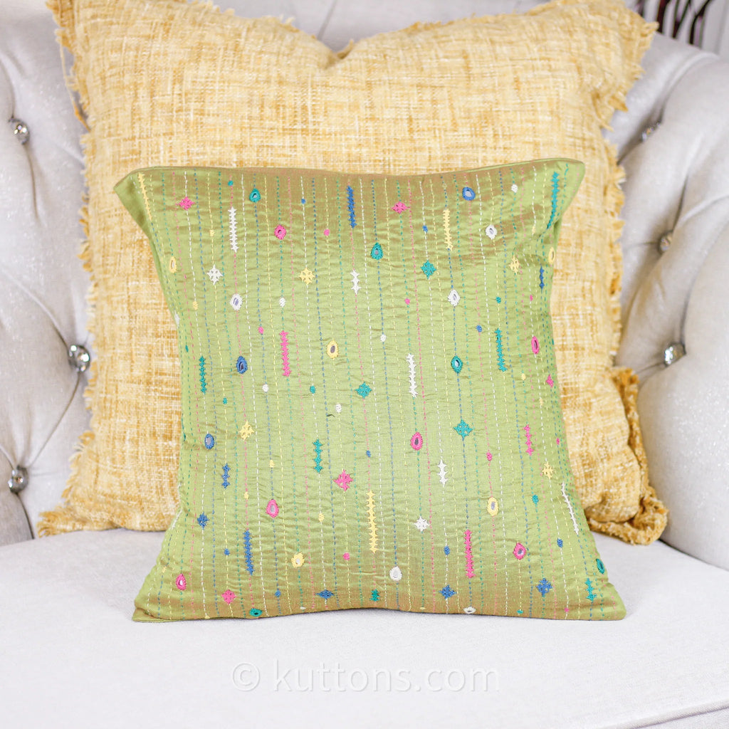 Bavaliyo Hand Embroidered Cotton Silk Decorative Cushion Cover With Mirror Embroidery Green Pillow 16x16
