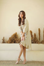 Natural Linen Wrap Dress with Frills Waist Belt Long Sleeve Linen Midi Dress with Pockets