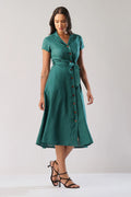 Tailored European Linen Midi Shirt Dress with Tie Waist