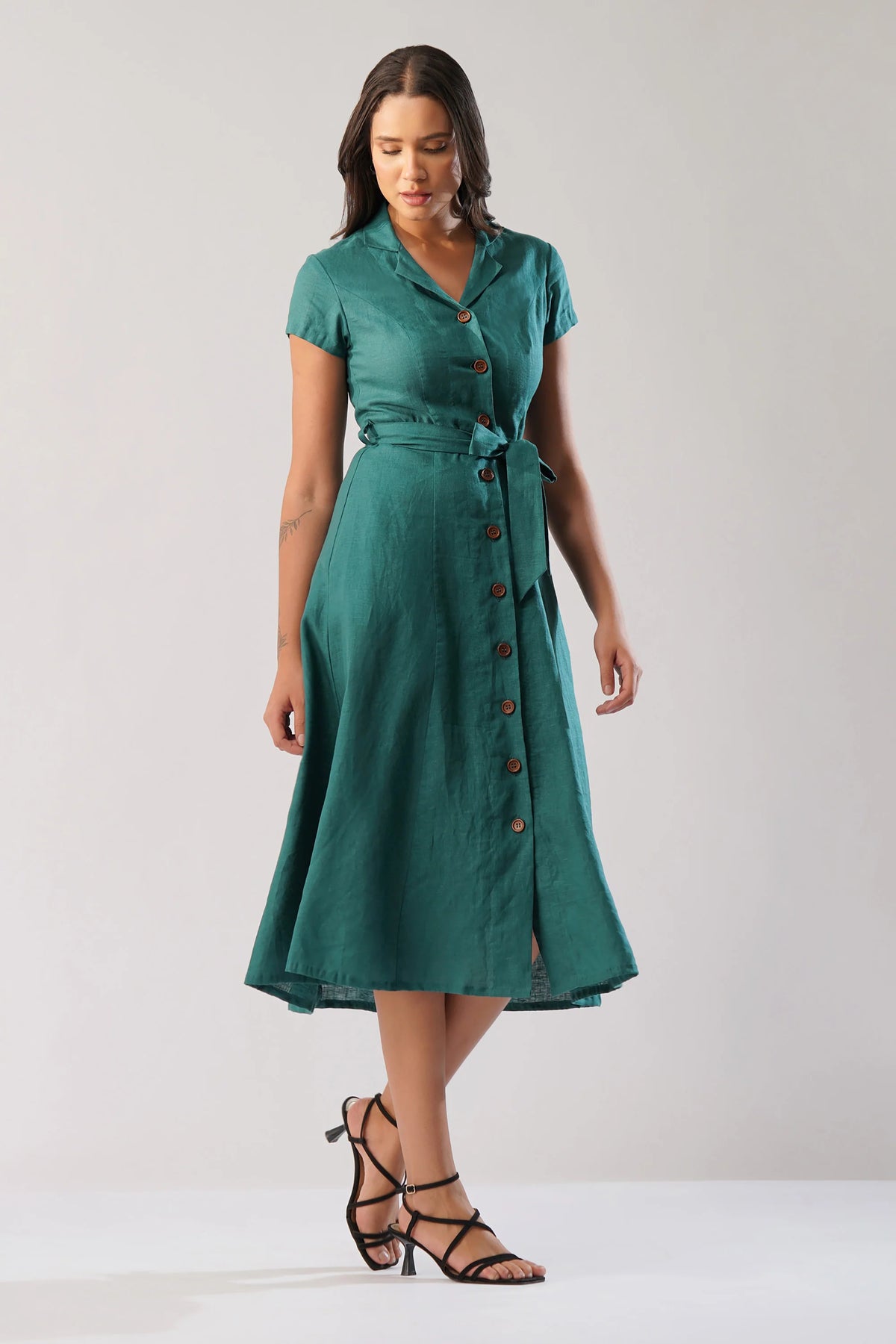 Tailored European Linen Midi Shirt Dress with Tie Waist