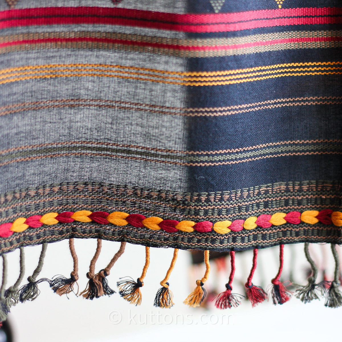 100 Cotton Wrap with Tassels Handwoven Bhujodi Stole Extra Weft Black Red Yellow 22x78