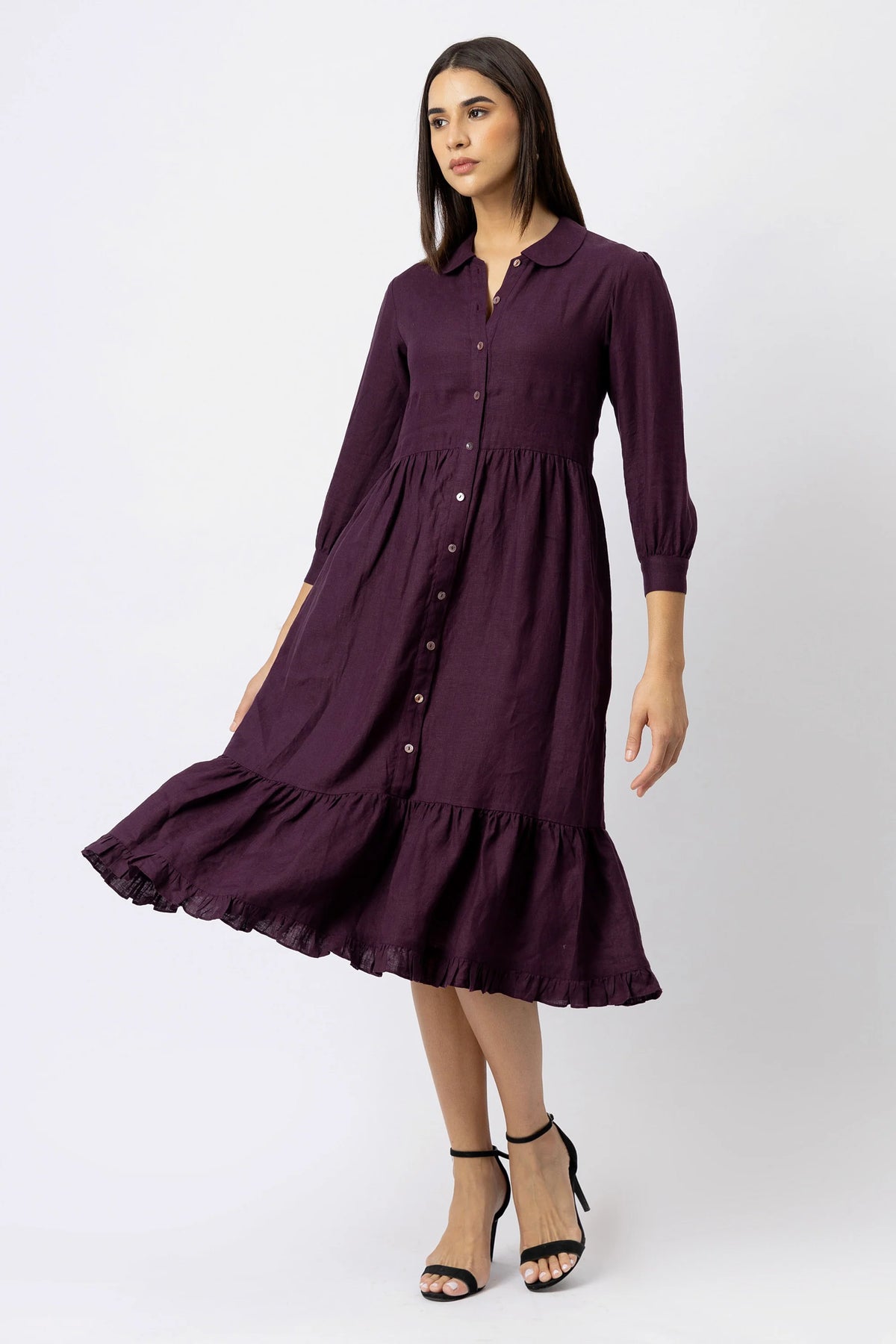 Tiered Button Front Midi Dress in European Linen Gathered Midi Shirt Dress