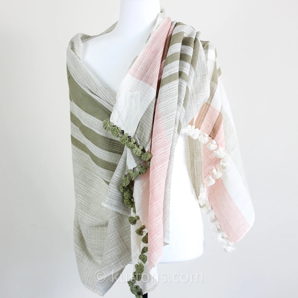Naturally Dyed Organic Cotton Scarf with Tassels Handspun Handwoven Light Airy Stole White Pink 26x78