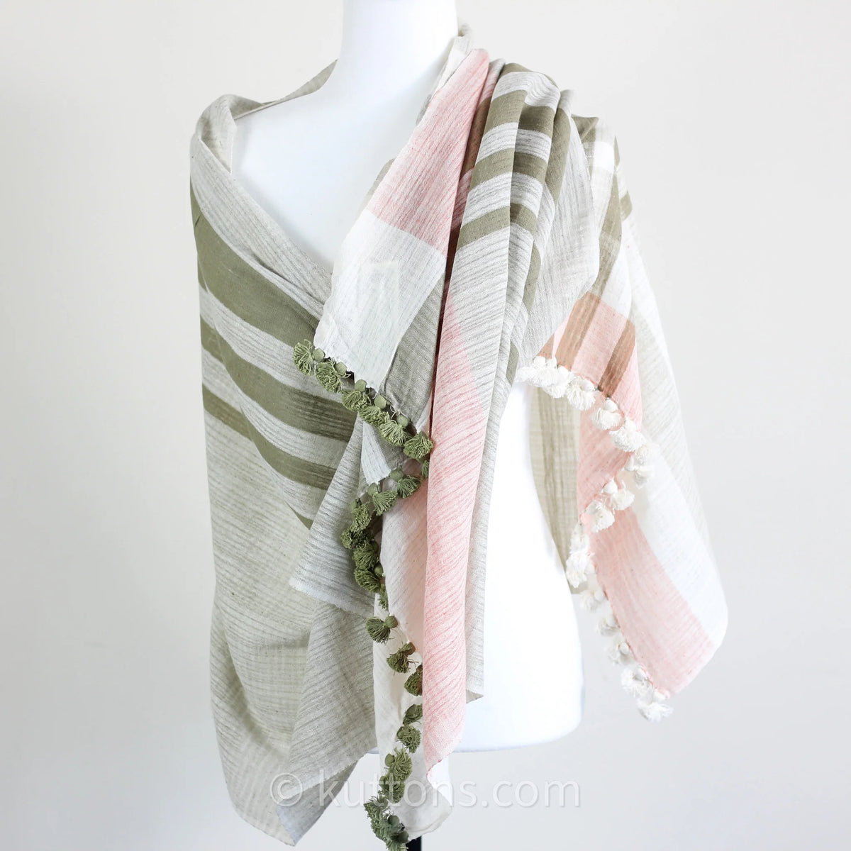 Naturally Dyed Organic Cotton Scarf with Tassels Handspun Handwoven Light Airy Stole White Pink 26x78