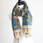 Ethnic Hand Painted Handwoven Kalamkari Chanderi Cotton Wrap Natural Colours Blue Yellow Stole 21x70