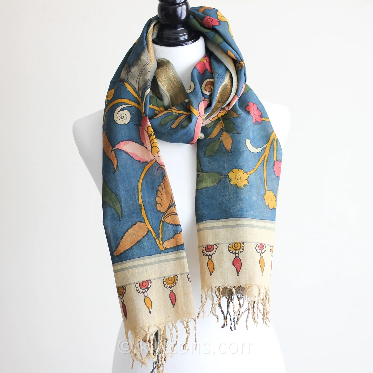 Ethnic Hand Painted Handwoven Kalamkari Chanderi Cotton Wrap Natural Colours Blue Yellow Stole 21x70