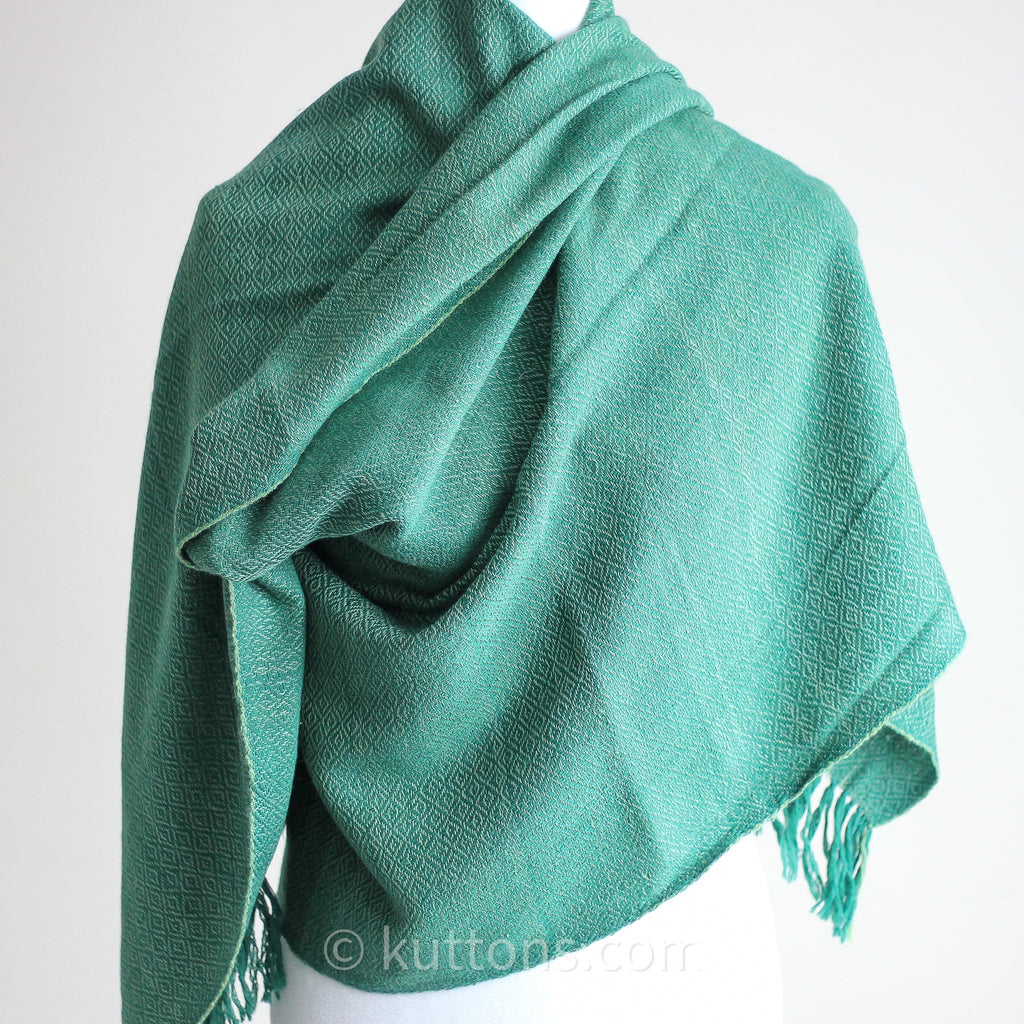 Naturally Dyed Handwoven Merino Wool Eri Silk Shawl Wrap Dyed with Tesu Flowers Indigo Green 25x84