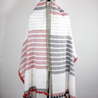 Naturally Dyed Hand Spun Hand Woven Organic Cotton Scarf Wrap White Red Gray 26x76