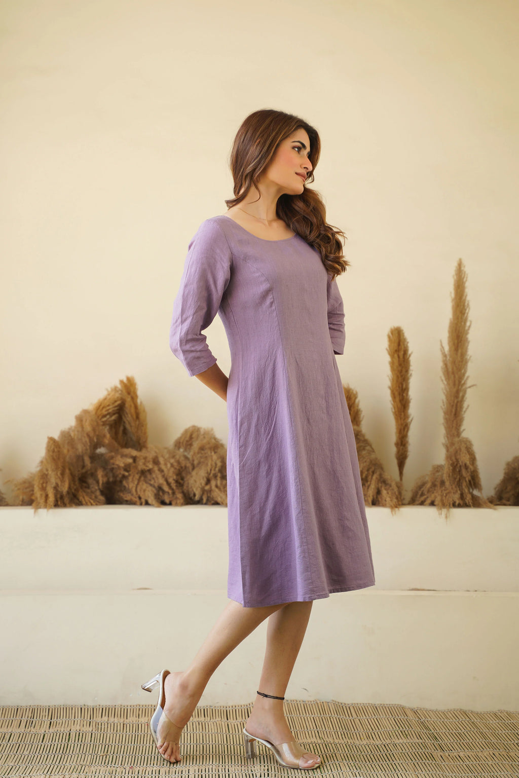 Lilac women linen dress Round neck linen tunic with princess seams long sleeve Zipper lining
