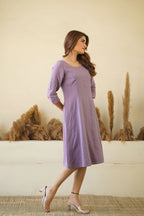 Lilac women linen dress Round neck linen tunic with princess seams long sleeve Zipper lining