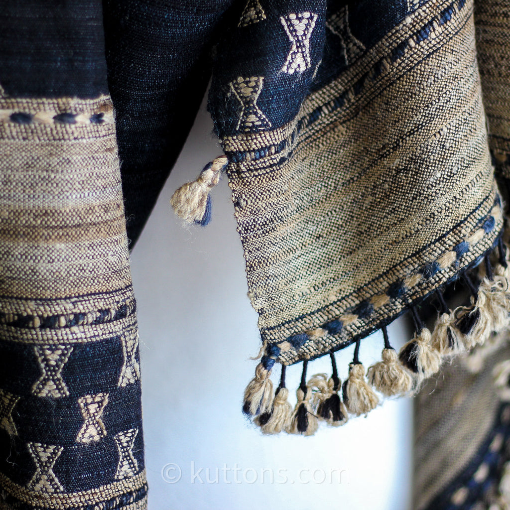 Handwoven Tussar Silk Merino Wool Shawl with Tassels Black Brown 38x86