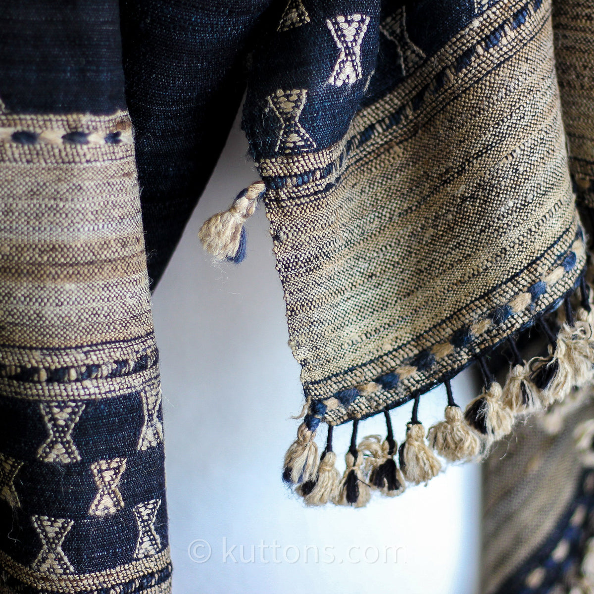 Handwoven Tussar Silk Merino Wool Shawl with Tassels Black Brown 38x86