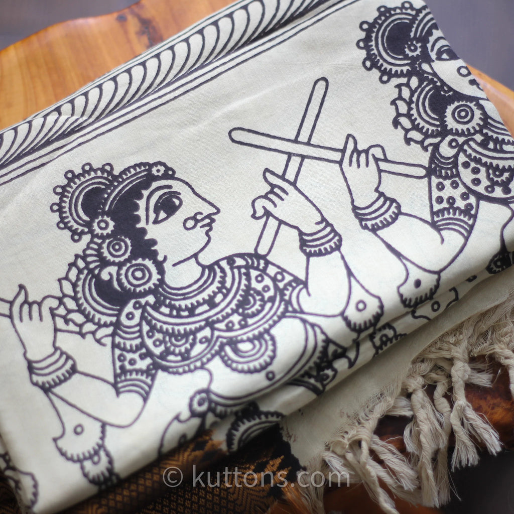 Ethnic Hand Painted Kalamkari Silk Wrap Natural Dyes Floral Dancing Divas Black 36x93