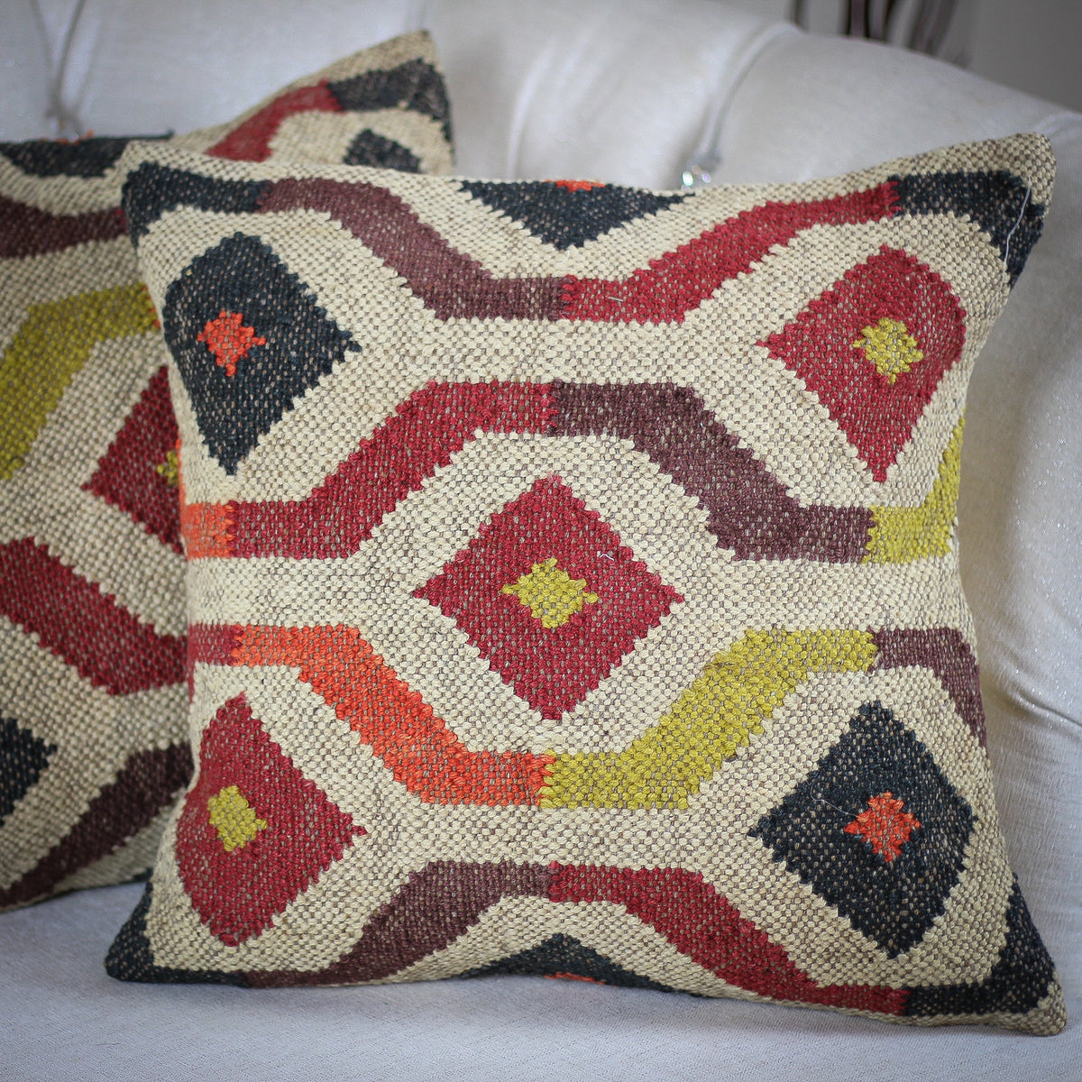 Handwoven Jute Cotton Boho Kilim Pillow Cover Sets Throw Pillows Cream Yellow Set of 2 Multiple Options 18x18