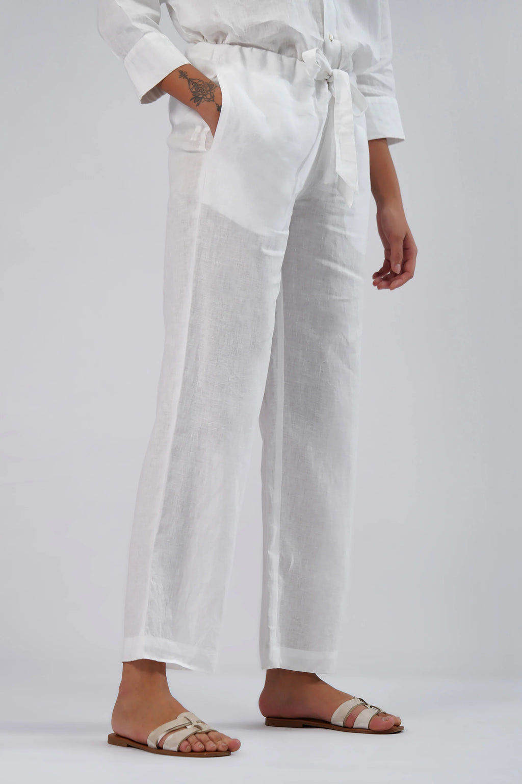 Linen Straight Leg Pants Adjustable Tie Waist Relaxed Fit