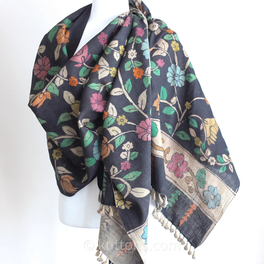 Kalamkari Hand Painted Organic Cotton Wrap Ethnic Scarf Natural Colours Black 23x86