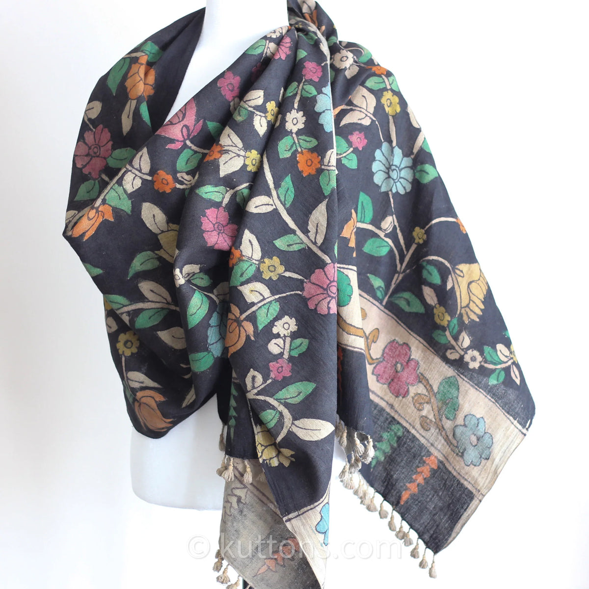 Kalamkari Hand Painted Organic Cotton Wrap Ethnic Scarf Natural Colours Black 23x86