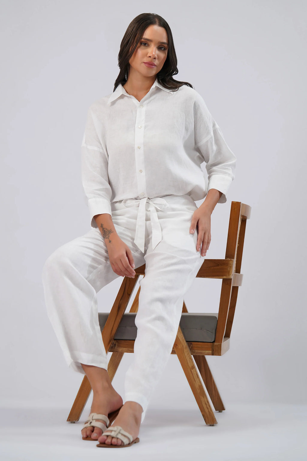 Linen Straight Leg Pants Adjustable Tie Waist Relaxed Fit