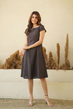 Brown Bliss Linen Dress with Cap Sleeves Boat Neck Princess Seams Short Linen Tunic Dress