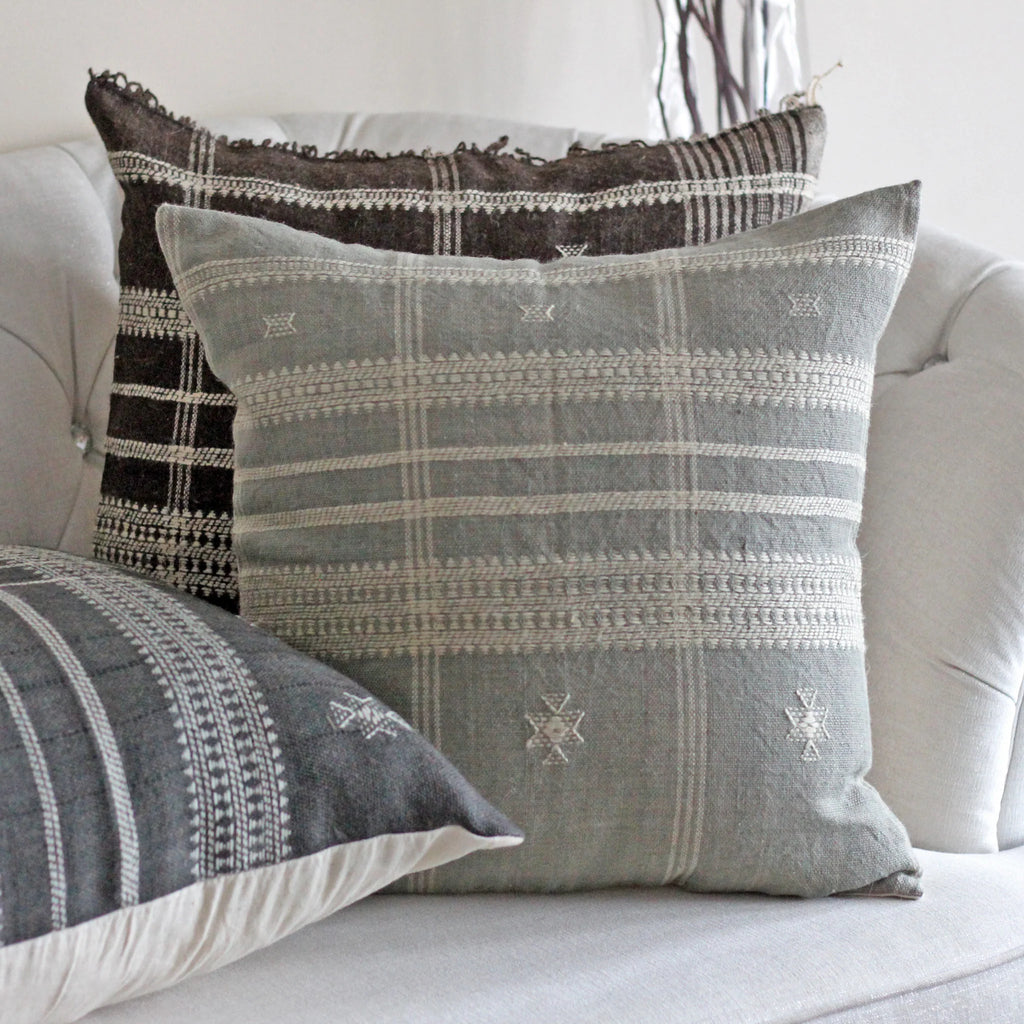 Handwoven Bhujodi Wool Cotton Cushion Cover Vintage Rustic Pillow Gray Blue 20x20