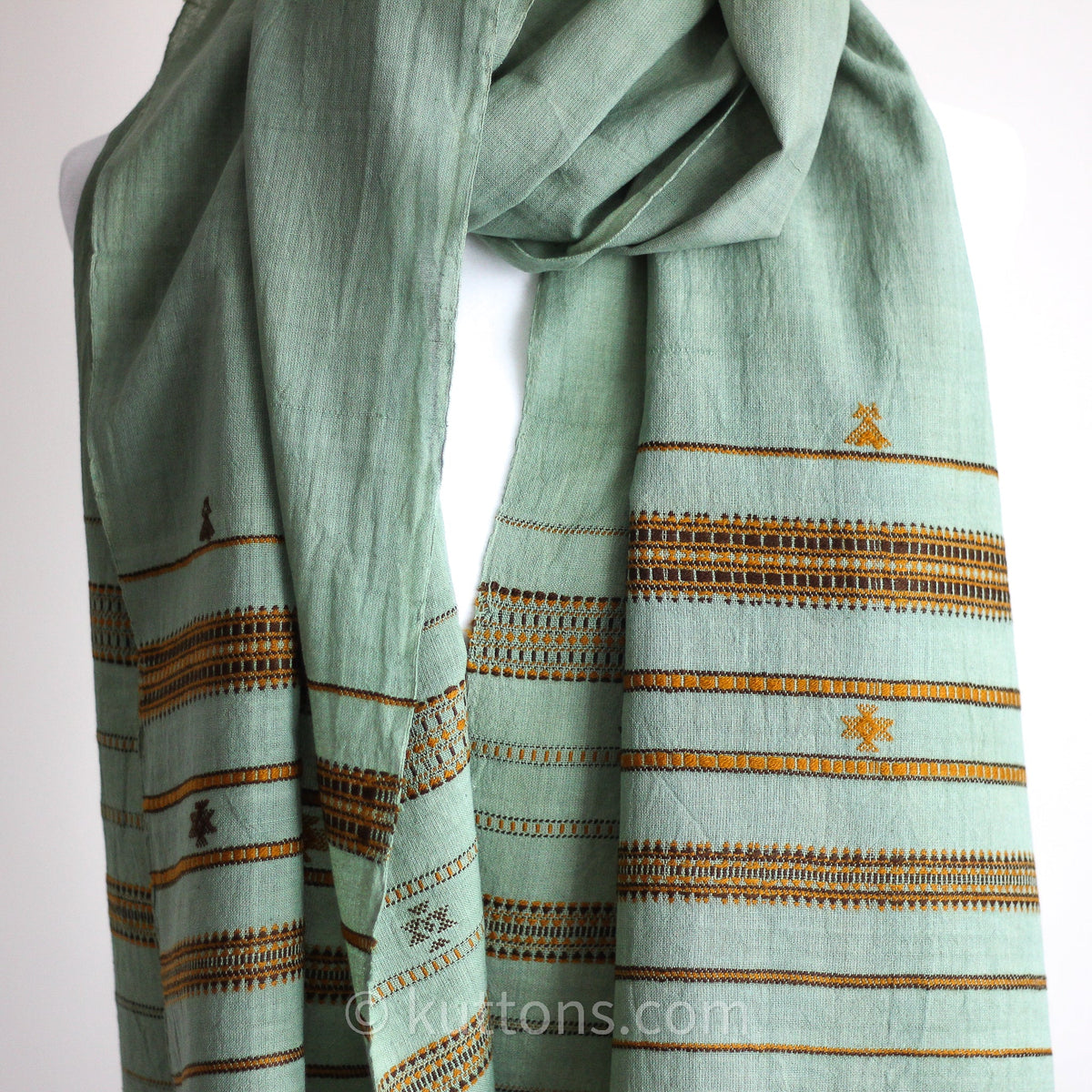 Handwoven Organic Kala Cotton Scarf Wrap with Tassels Green 23x78