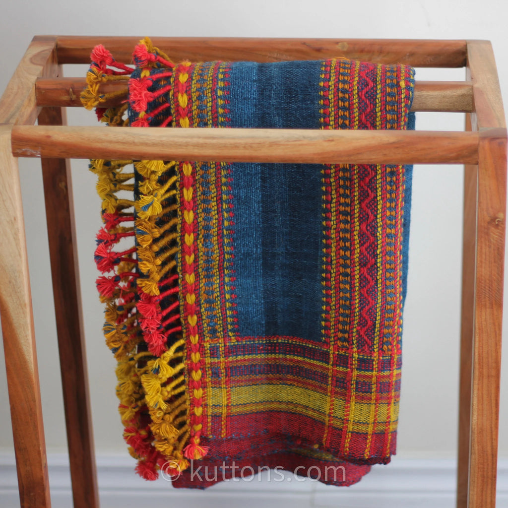 Handspun Handwoven Multipurpose Ethnic Shawl cum Throw Sheep Wool Blue 37x82
