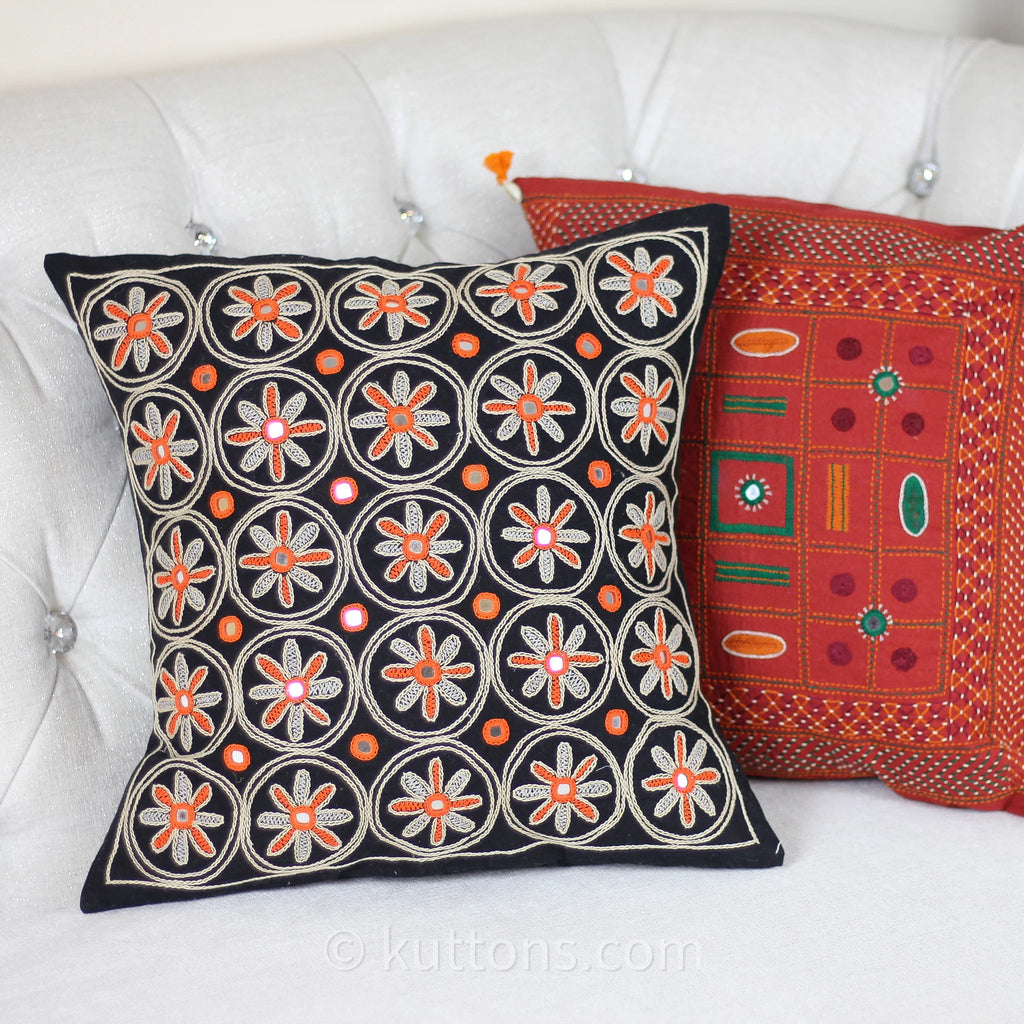 Banjara Lambani Hand Embroidered Cushion Cover Embroidered Mirrors Throw Pillow Case Black 16x16