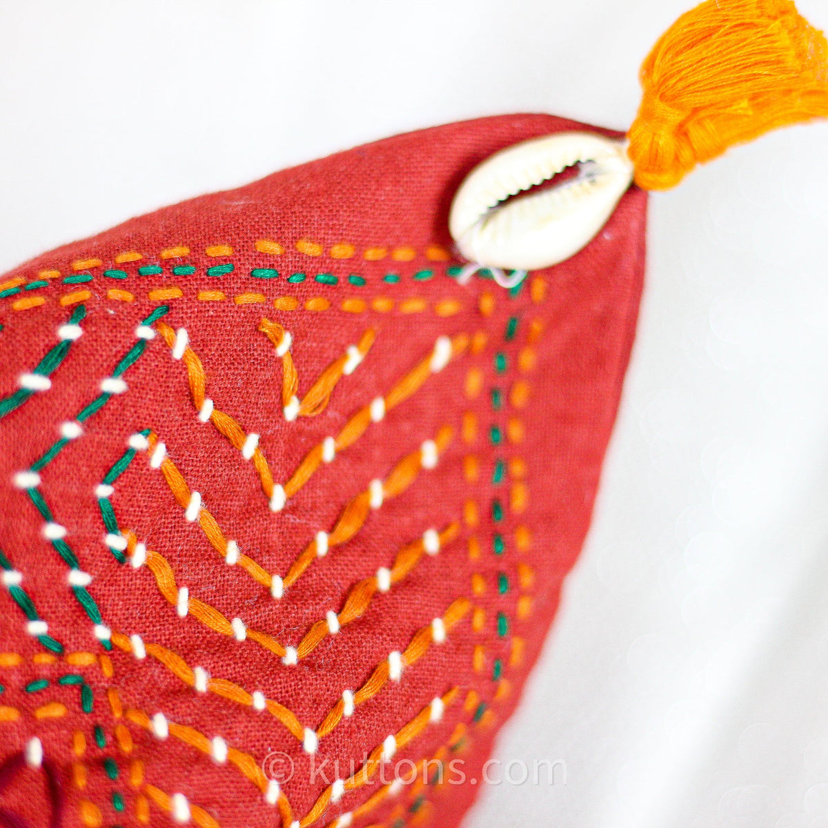Tribal Lambani Hand Embroidered Cushion Cover With Kodi Sea Shell Tassels Banjara Decorative Throw Pillow Carmine 16x16