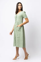 Linen Button Front Midi Dress with Pockets