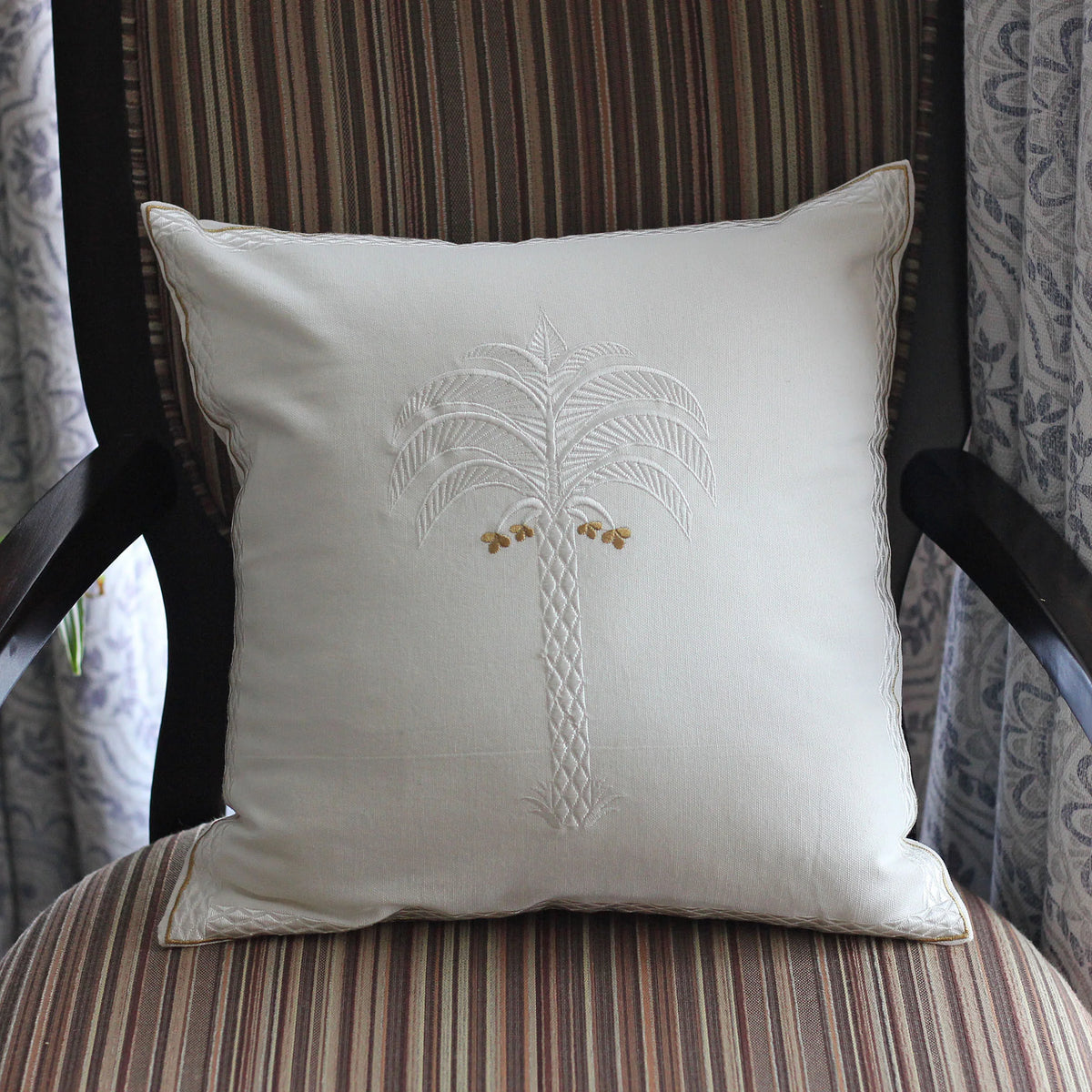 Calm Palm White Cotton Embriodered Decorative Linen Pillow Cover Chair Cushion 16x16