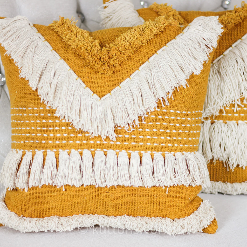 Cotton Embroidered Textured Pillow Cover Boho Decorative Cushion Orange White 18x18