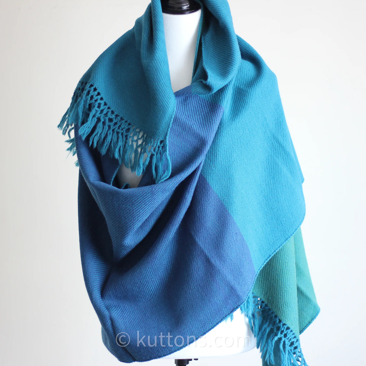 Handwoven Woolen Wrap Naturally Dyed with Tesu Flowers Indigo Blue Green 26x80