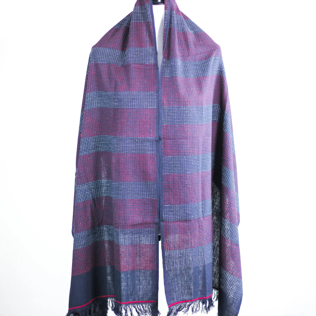 Handspun Handwoven Pure Cotton Scarf Frayed Edges Black Red 23x76