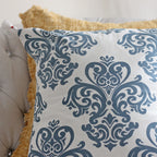 100 Cotton Throw Pillow Cover Hand Screen Printed with Damask Motif Corner Tassels Cream Blue Set of 2 20x20