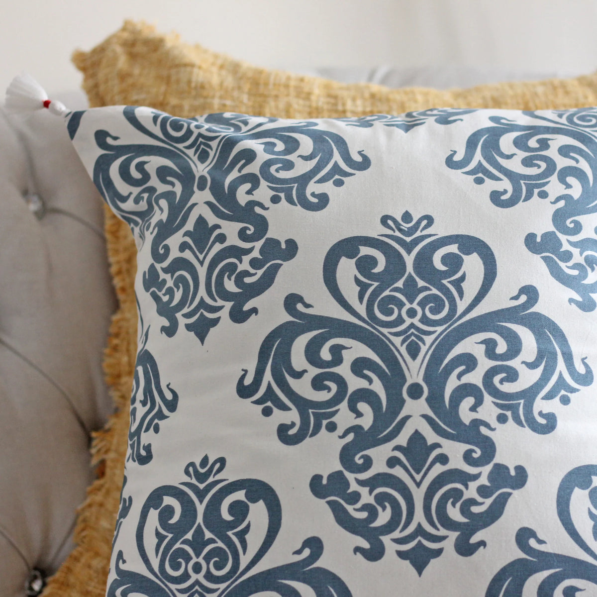 100 Cotton Throw Pillow Cover Hand Screen Printed with Damask Motif Corner Tassels Cream Blue Set of 2 20x20