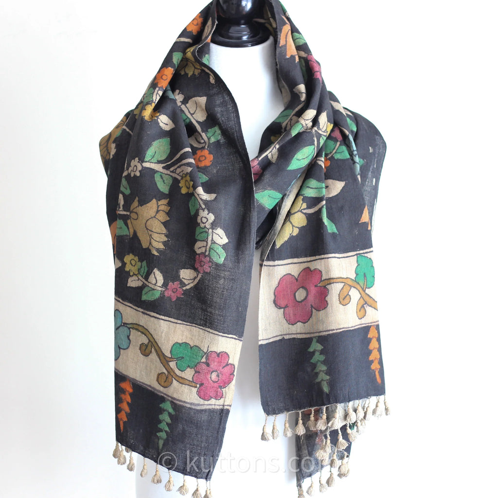 Kalamkari Hand Painted Organic Cotton Wrap Ethnic Scarf Natural Colours Black 23x86