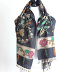 Kalamkari Hand Painted Organic Cotton Wrap Ethnic Scarf Natural Colours Black 23x86