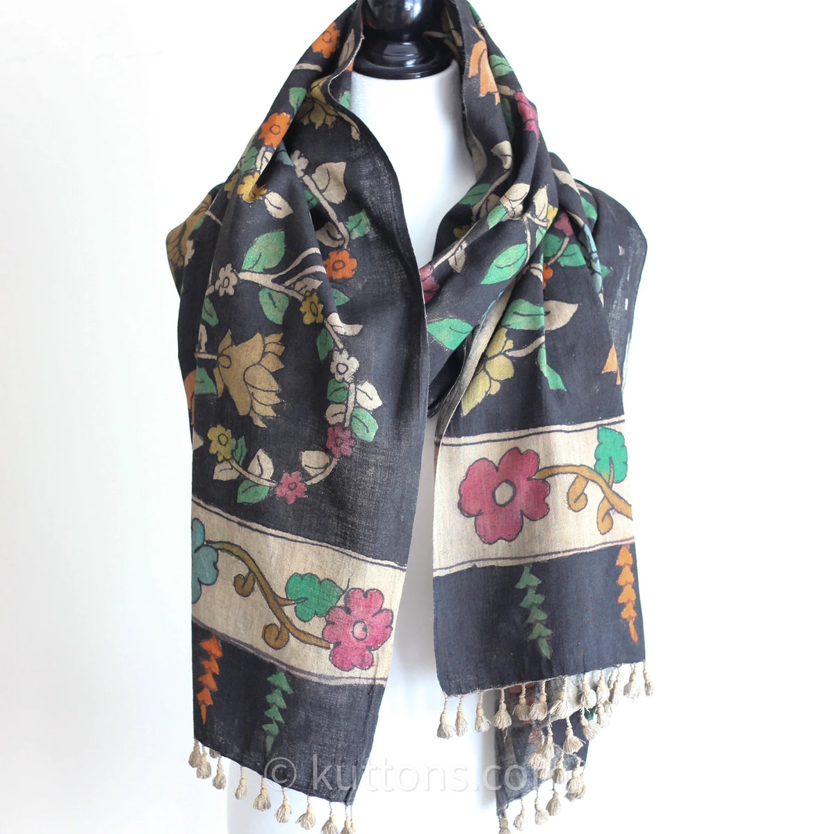 Kalamkari Hand Painted Organic Cotton Wrap Ethnic Scarf Natural Colours Black 23x86
