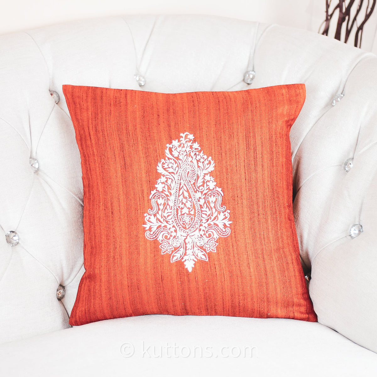 Embroidered Silk Blend Handloom Cushion Cover Paisley Motif Orange 16x16
