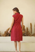 Sassy Button Down Linen Midi Shirt Dress with Lapel Collar Belt Pockets Scarlet Red Sleeveless Linen Tunic Dress