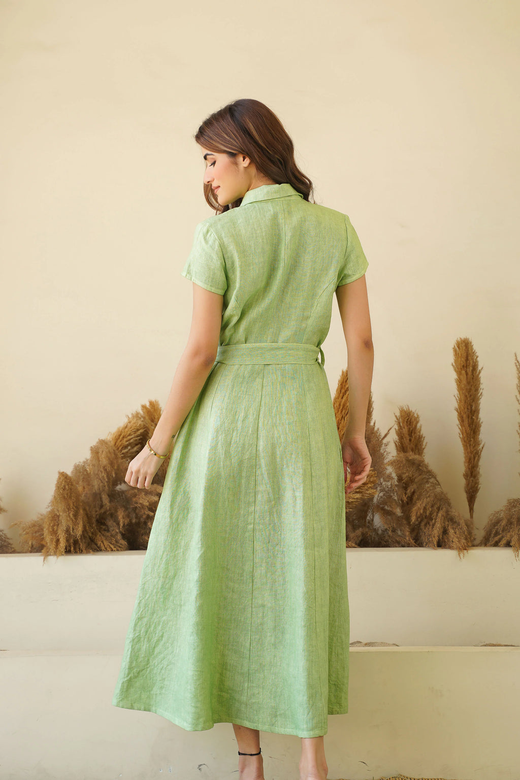 Sage Green Linen Button Down Dress with Lapel Collars Cap Sleeves Tie Belt Fit and Flare Dress