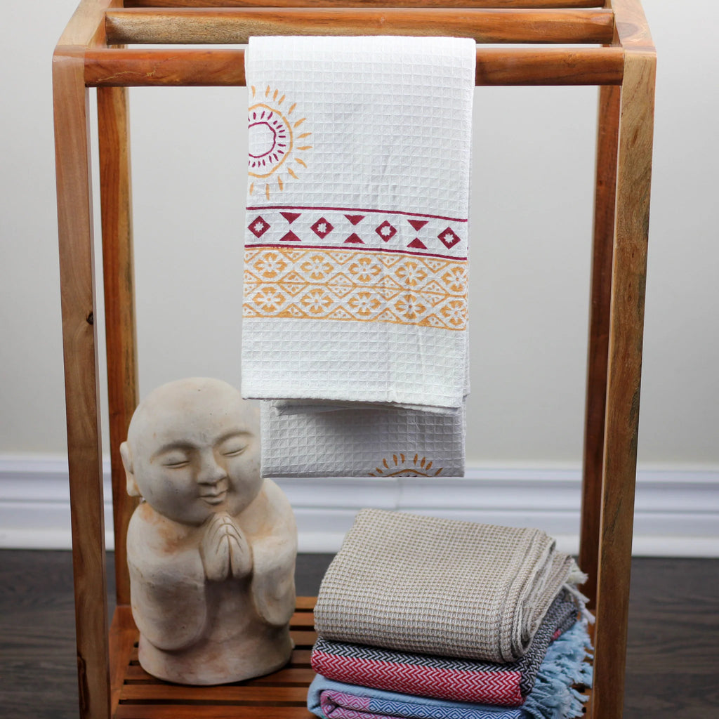 Waffle Weave Handwoven Hand Block Printed Decorative Cotton Towel Powder Bath Room Decor White 29x60